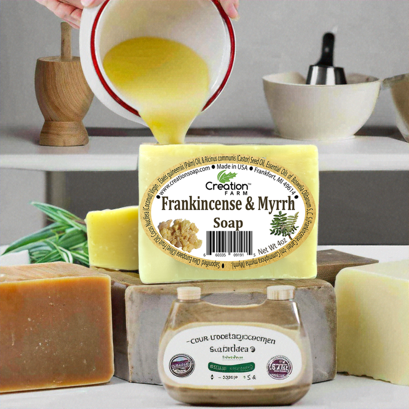 Frankincense & Myrrh Soap Bars, All-Natural Handmade Artisan Soap with Olive, Coconut, Castor, and Palm Oils,- Two 4 oz Bar Pack by Creation Farm